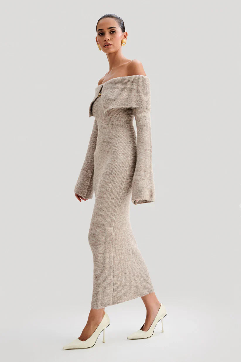 Vera™ | VESTIDO MIDI HOMBROS DESCUBIERTOS DE PUNTO ESPONJOSO