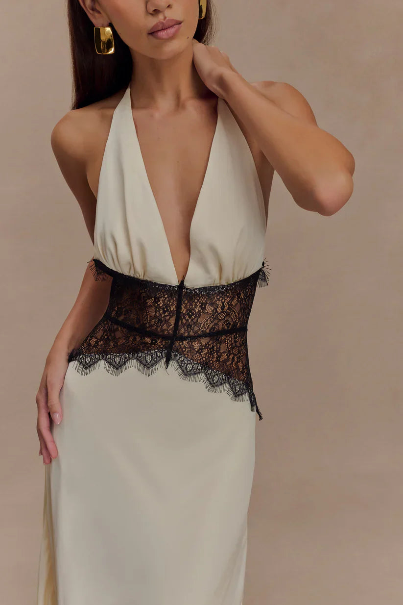Elara™ | VESTIDO MAXI ENCAJE DE SATÉN