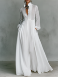 Elisa™ | VESTIDO MAXI MINIMALISTA DE ALGODÓN Y LINO CON PATCHWORK, CUELLO ALTO Y MANGAS LARGAS