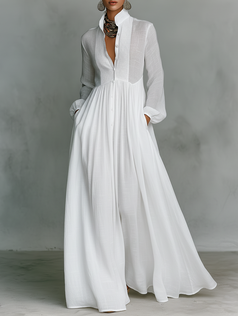 Elisa™ | VESTIDO MAXI MINIMALISTA DE ALGODÓN Y LINO CON PATCHWORK, CUELLO ALTO Y MANGAS LARGAS