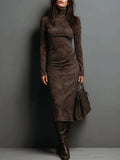 Ilaria™ | VESTIDO MIDI DE GAMUZA CON CUELLO ALTO Y MANGAS LARGAS