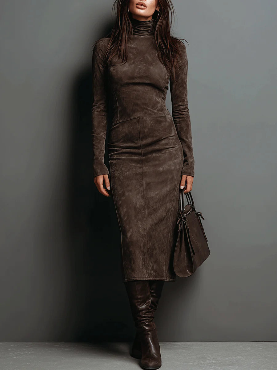 Ilaria™ | VESTIDO MIDI DE GAMUZA CON CUELLO ALTO Y MANGAS LARGAS