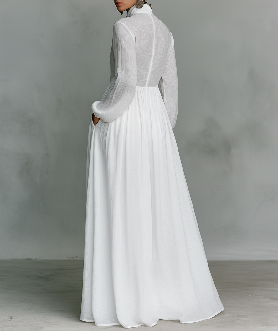 Elisa™ | VESTIDO MAXI MINIMALISTA DE ALGODÓN Y LINO CON PATCHWORK, CUELLO ALTO Y MANGAS LARGAS