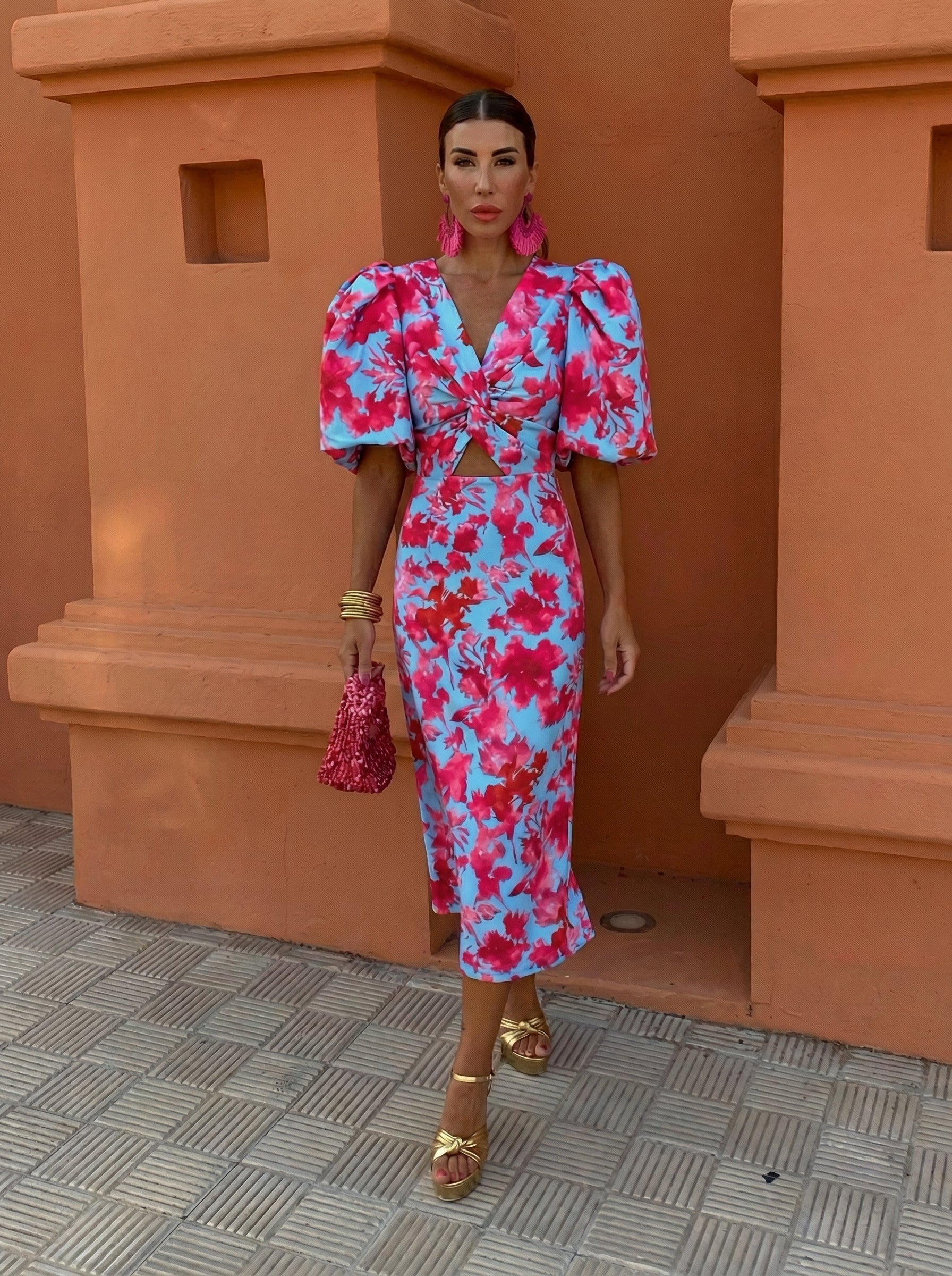 Carla | Vestido Midi Estampado con Mangas Abullonadas