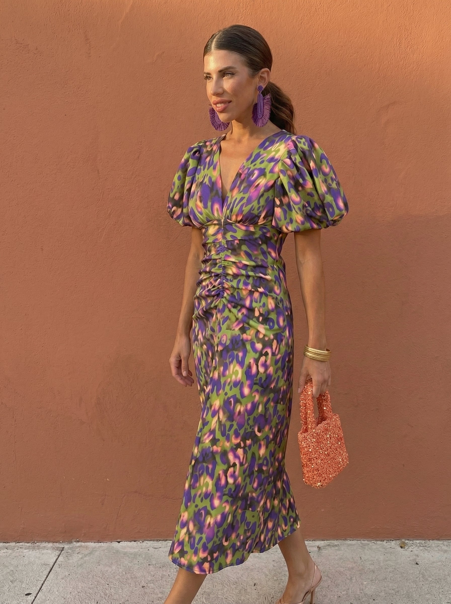 Carla | Vestido Midi Estampado con Mangas Abullonadas