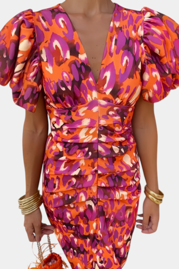 Carla | Vestido Midi Estampado con Mangas Abullonadas