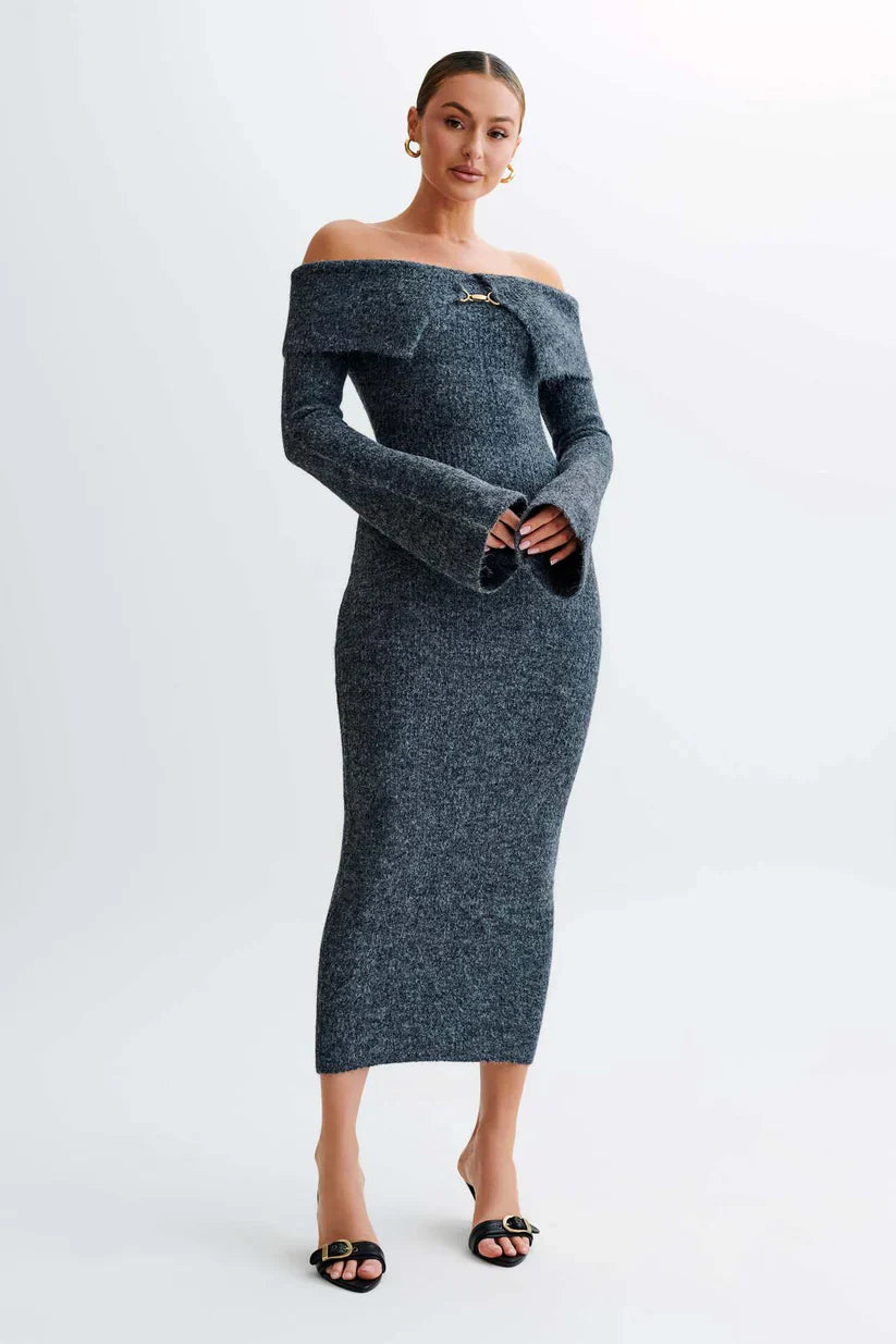 Vera™ | VESTIDO MIDI HOMBROS DESCUBIERTOS DE PUNTO ESPONJOSO