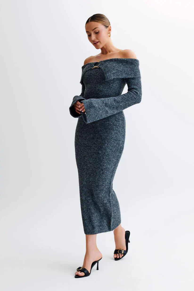 Vera™ | VESTIDO MIDI HOMBROS DESCUBIERTOS DE PUNTO ESPONJOSO