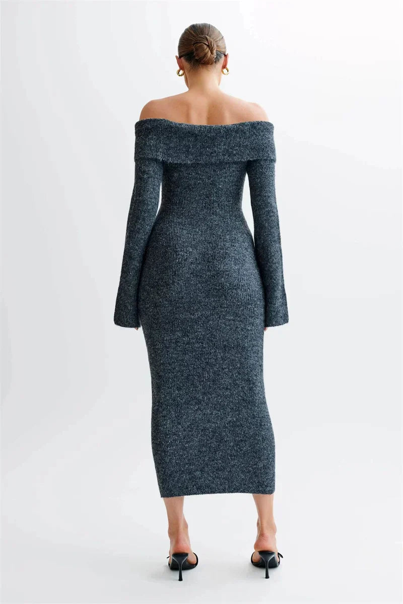 Vera™ | VESTIDO MIDI HOMBROS DESCUBIERTOS DE PUNTO ESPONJOSO
