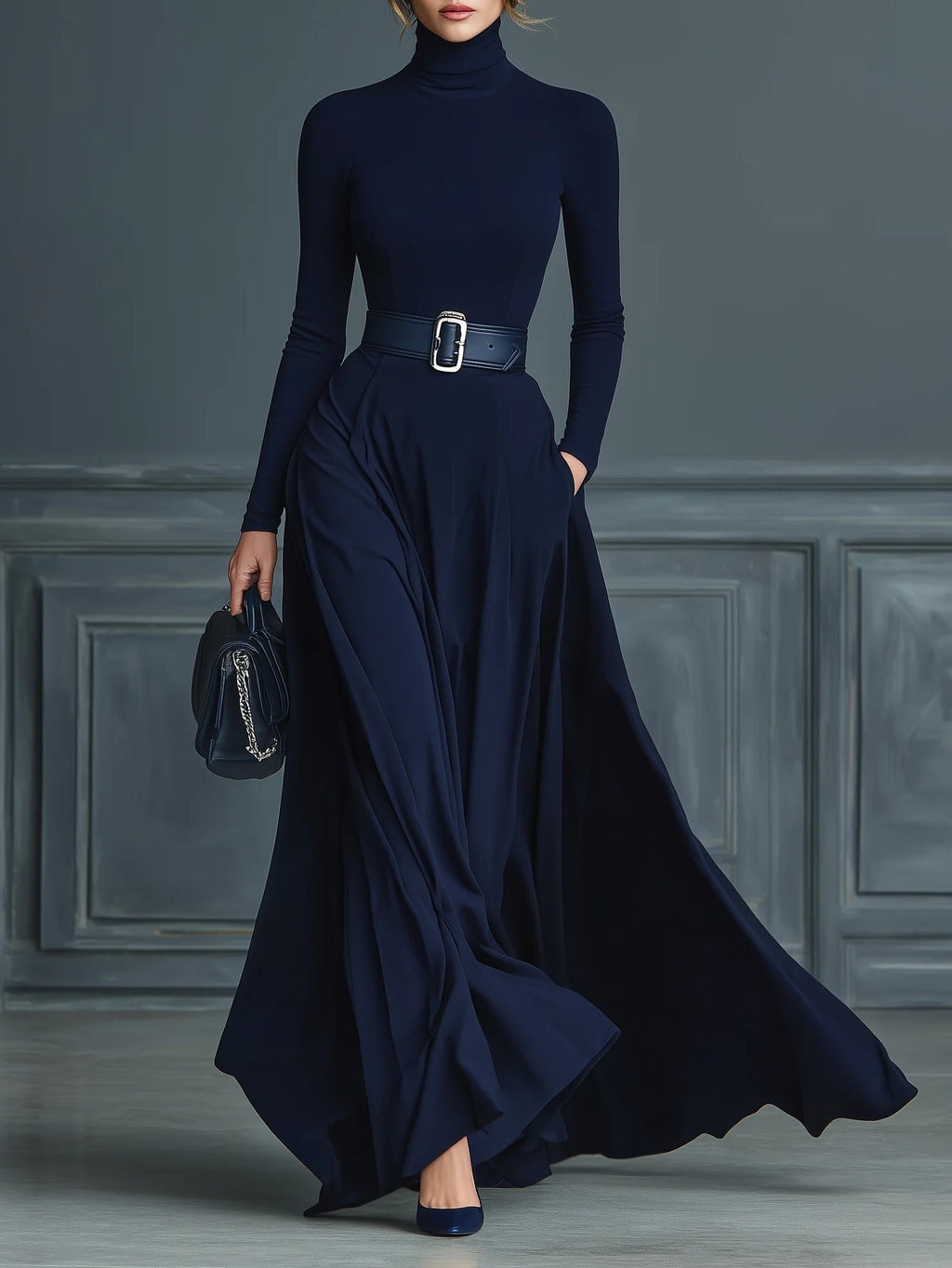 Francesca™ | VESTIDO DE PUNTO AZUL OSCURO CON CUELLO ALTO