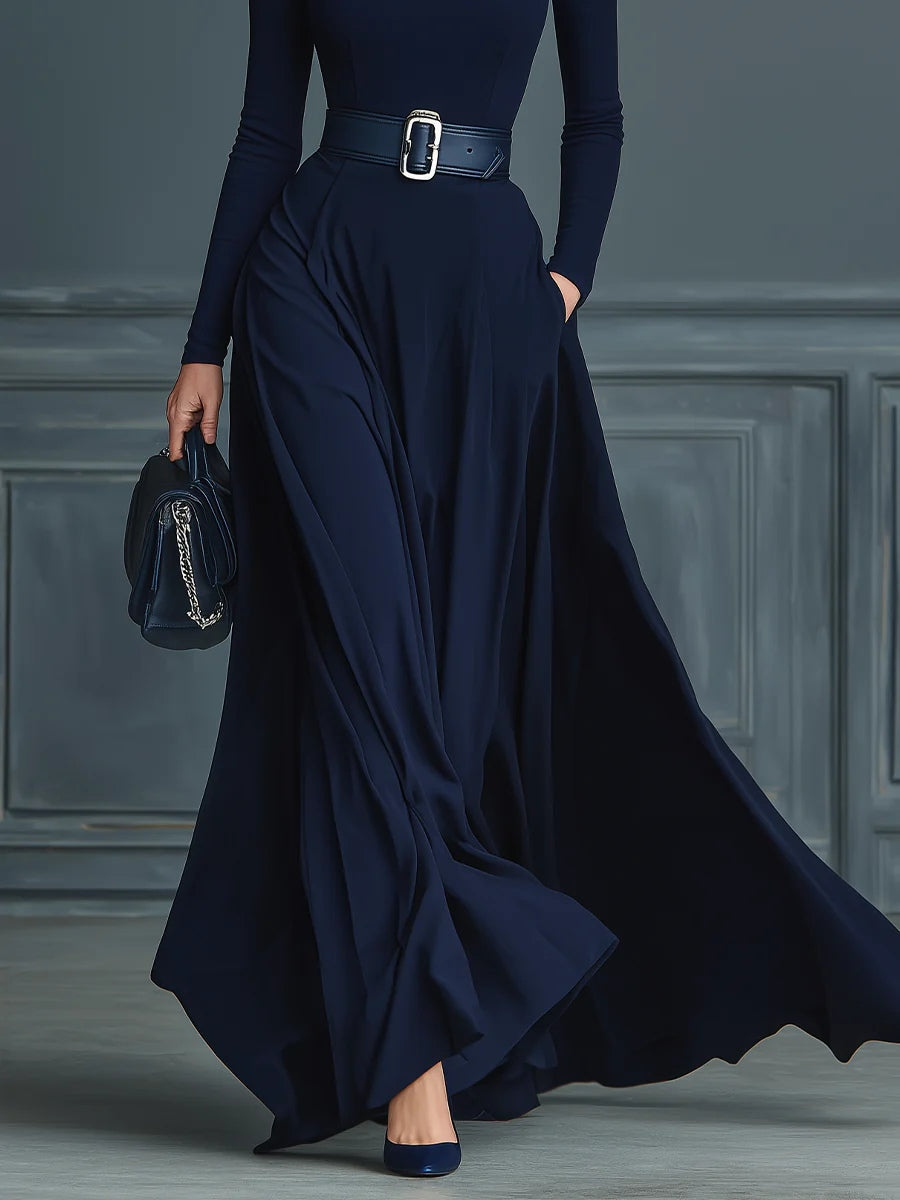 Francesca™ | VESTIDO DE PUNTO AZUL OSCURO CON CUELLO ALTO