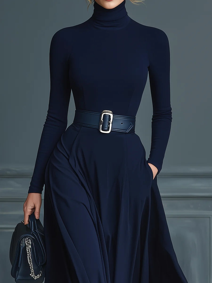 Francesca™ | VESTIDO DE PUNTO AZUL OSCURO CON CUELLO ALTO