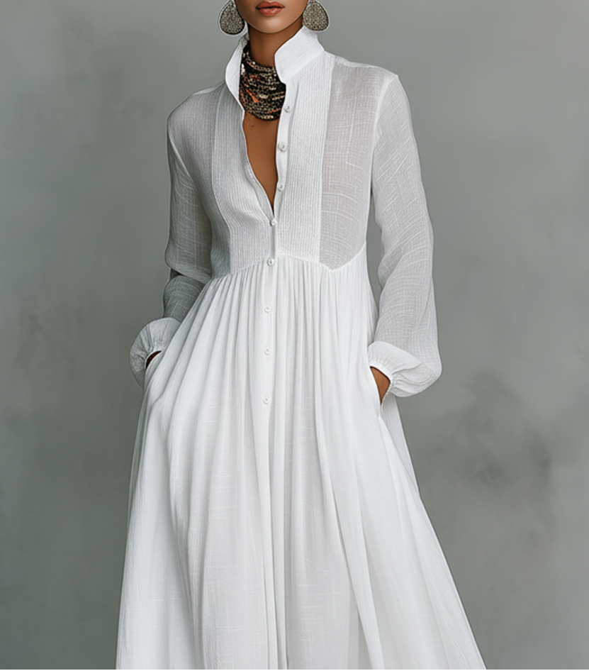 Elisa™ | VESTIDO MAXI MINIMALISTA DE ALGODÓN Y LINO CON PATCHWORK, CUELLO ALTO Y MANGAS LARGAS