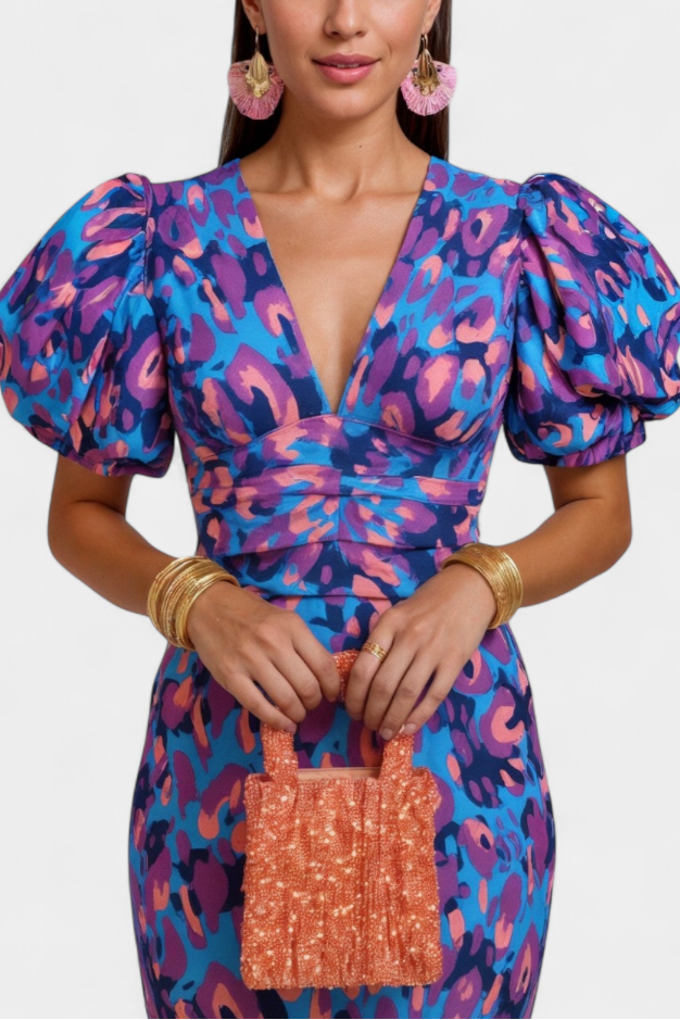 Carla | Vestido Midi Estampado con Mangas Abullonadas