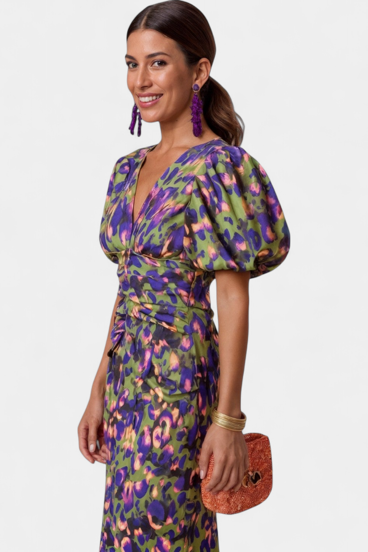 Carla | Vestido Midi Estampado con Mangas Abullonadas