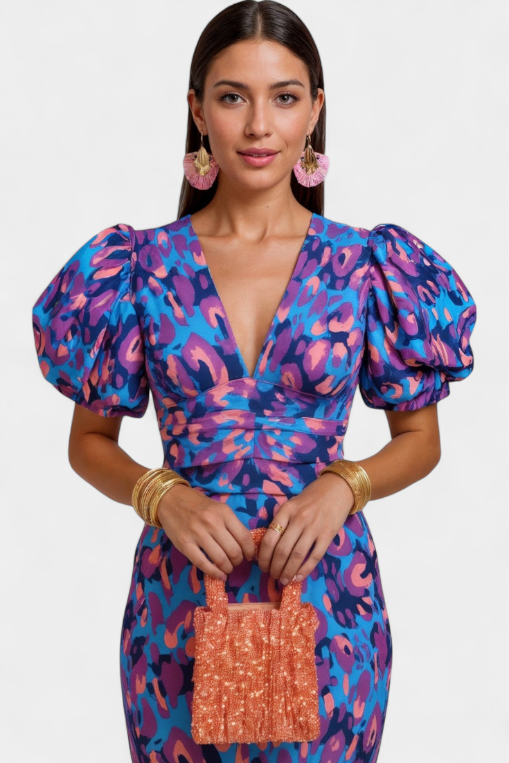 Carla | Vestido Midi Estampado con Mangas Abullonadas