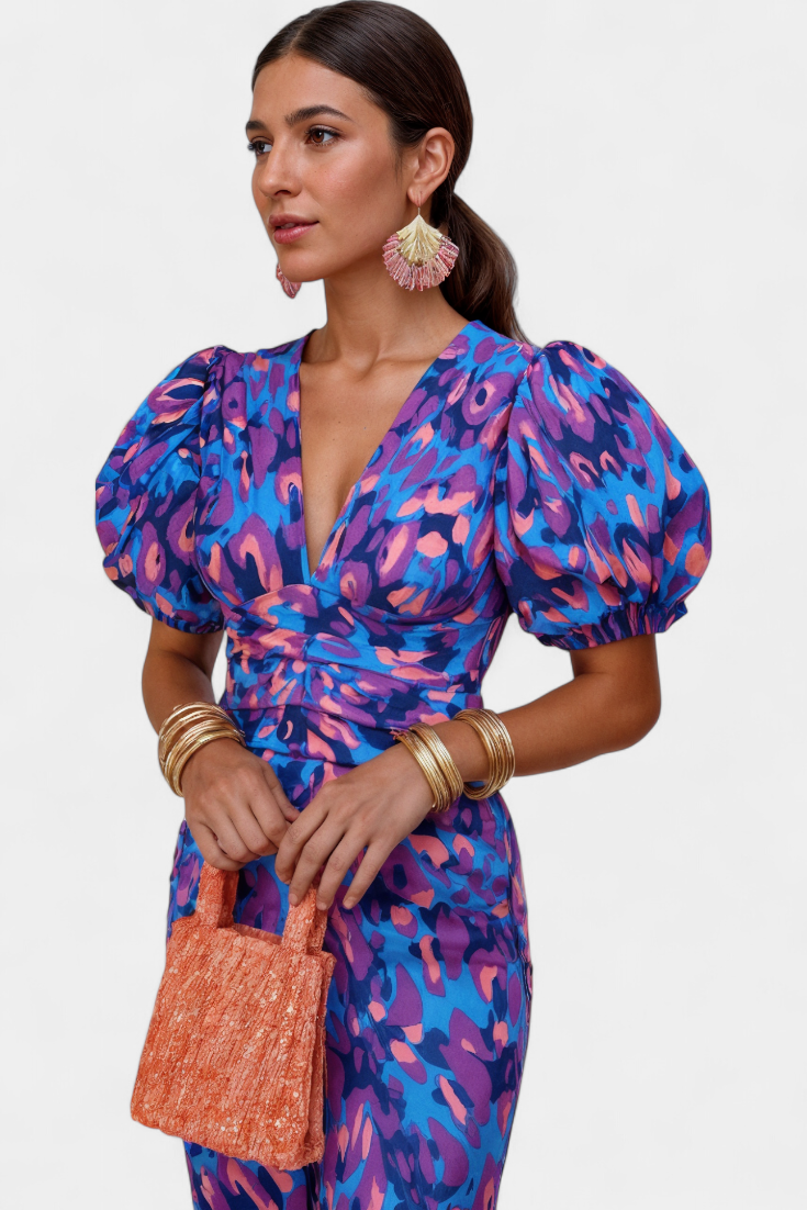 Carla | Vestido Midi Estampado con Mangas Abullonadas