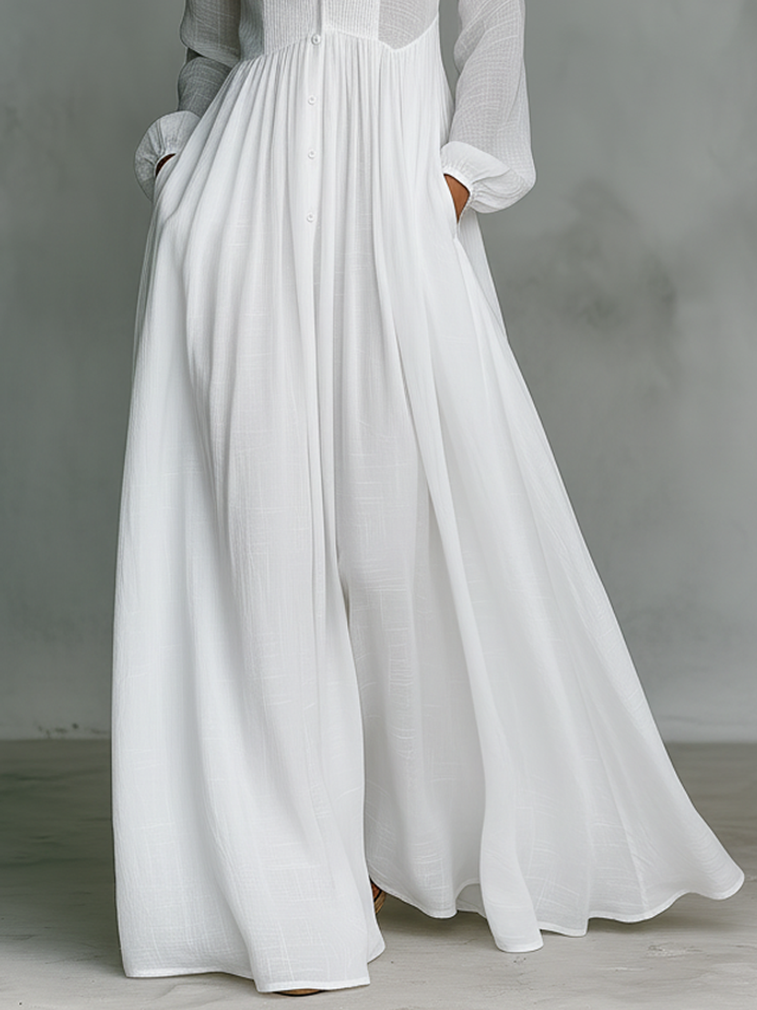 Elisa™ | VESTIDO MAXI MINIMALISTA DE ALGODÓN Y LINO CON PATCHWORK, CUELLO ALTO Y MANGAS LARGAS