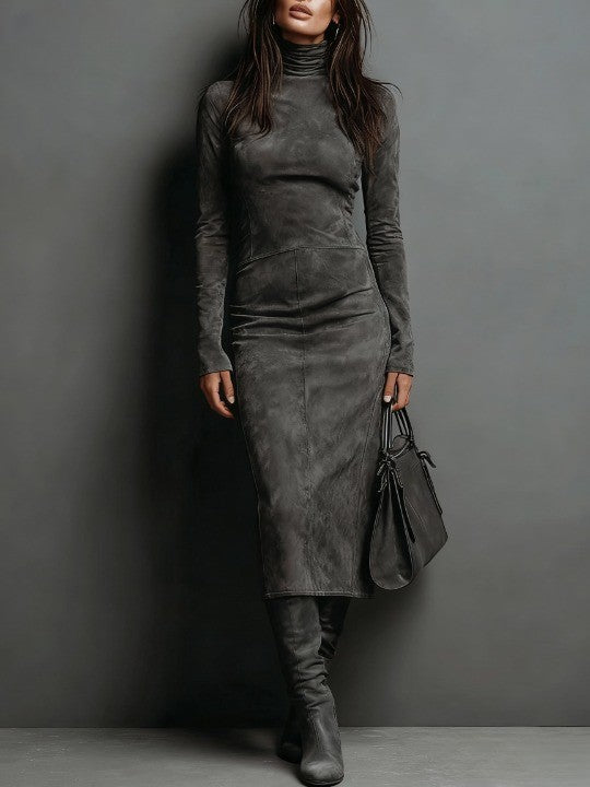 Ilaria™ | VESTIDO MIDI DE GAMUZA CON CUELLO ALTO Y MANGAS LARGAS