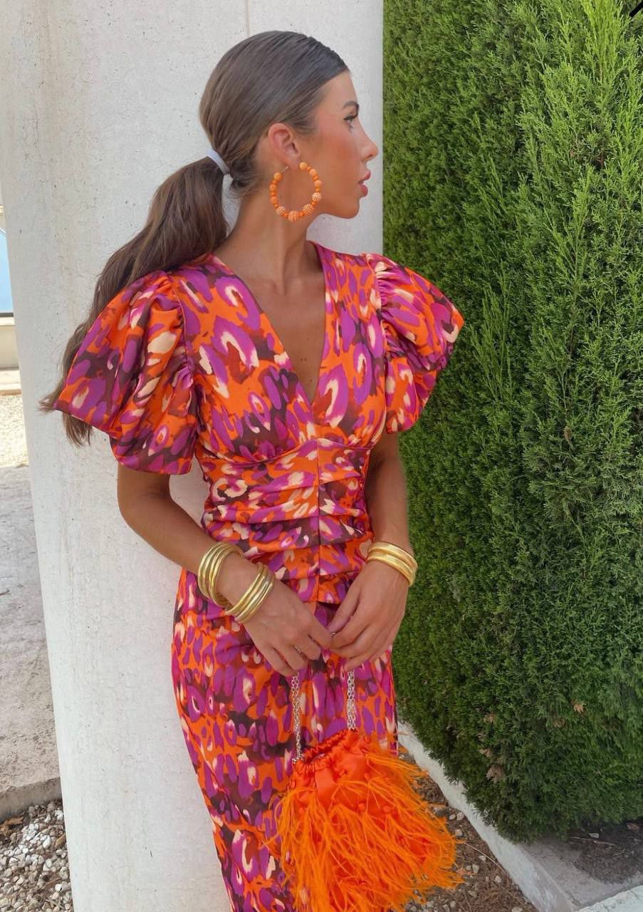 Carla | Vestido Midi Estampado con Mangas Abullonadas