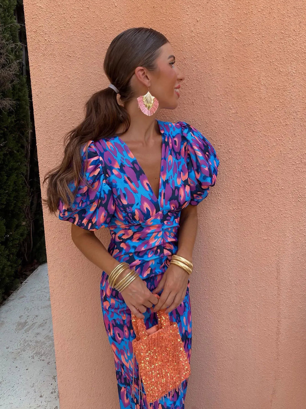 Carla | Vestido Midi Estampado con Mangas Abullonadas