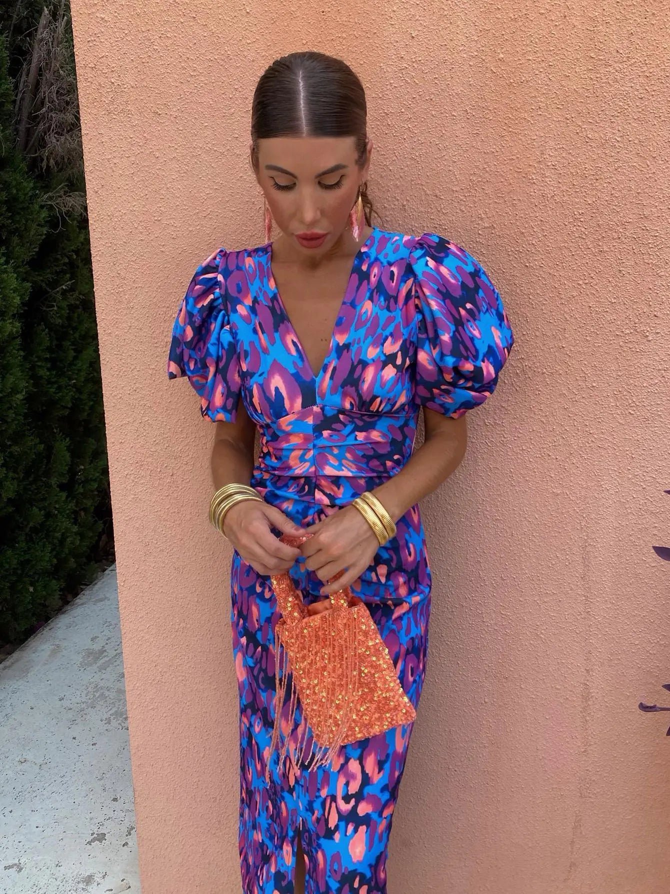 Carla | Vestido Midi Estampado con Mangas Abullonadas