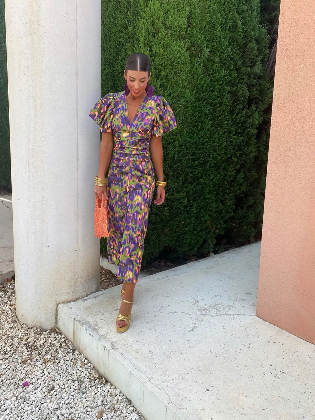 Carla | Vestido Midi Estampado con Mangas Abullonadas