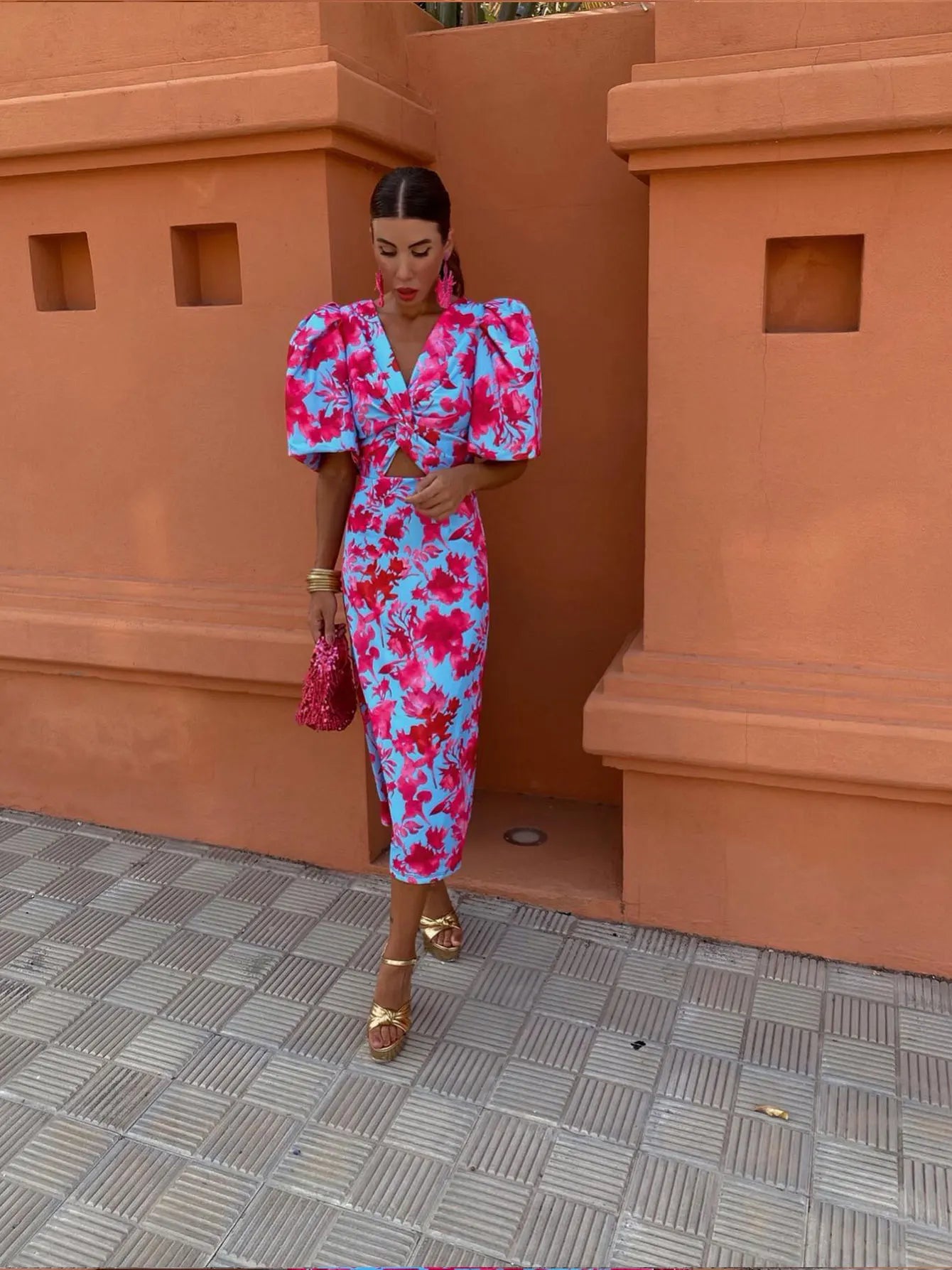 Carla | Vestido Midi Estampado con Mangas Abullonadas